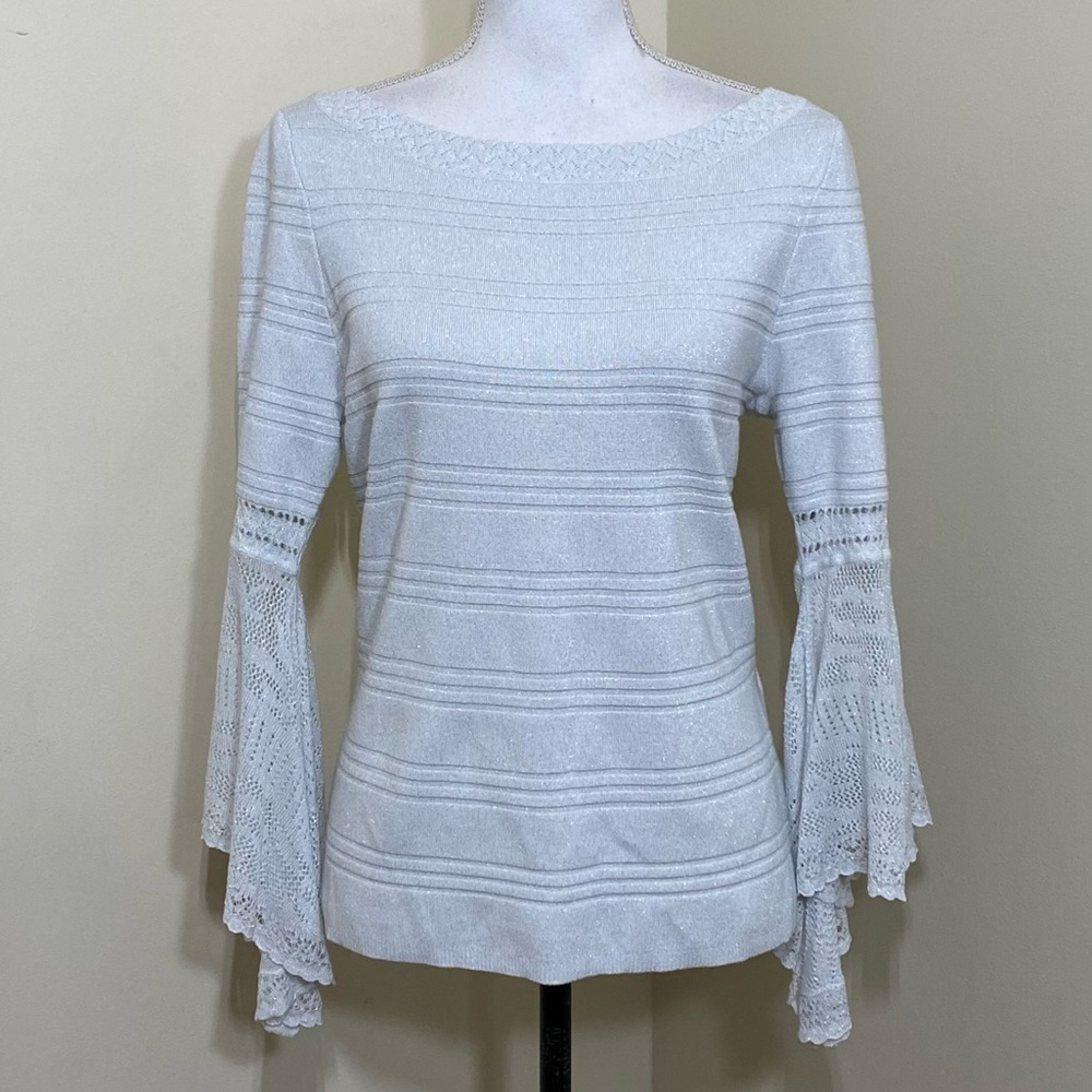 Nwt White House Black Market || Lace Bell Sleeve Sweater Metallic Knit Sz L